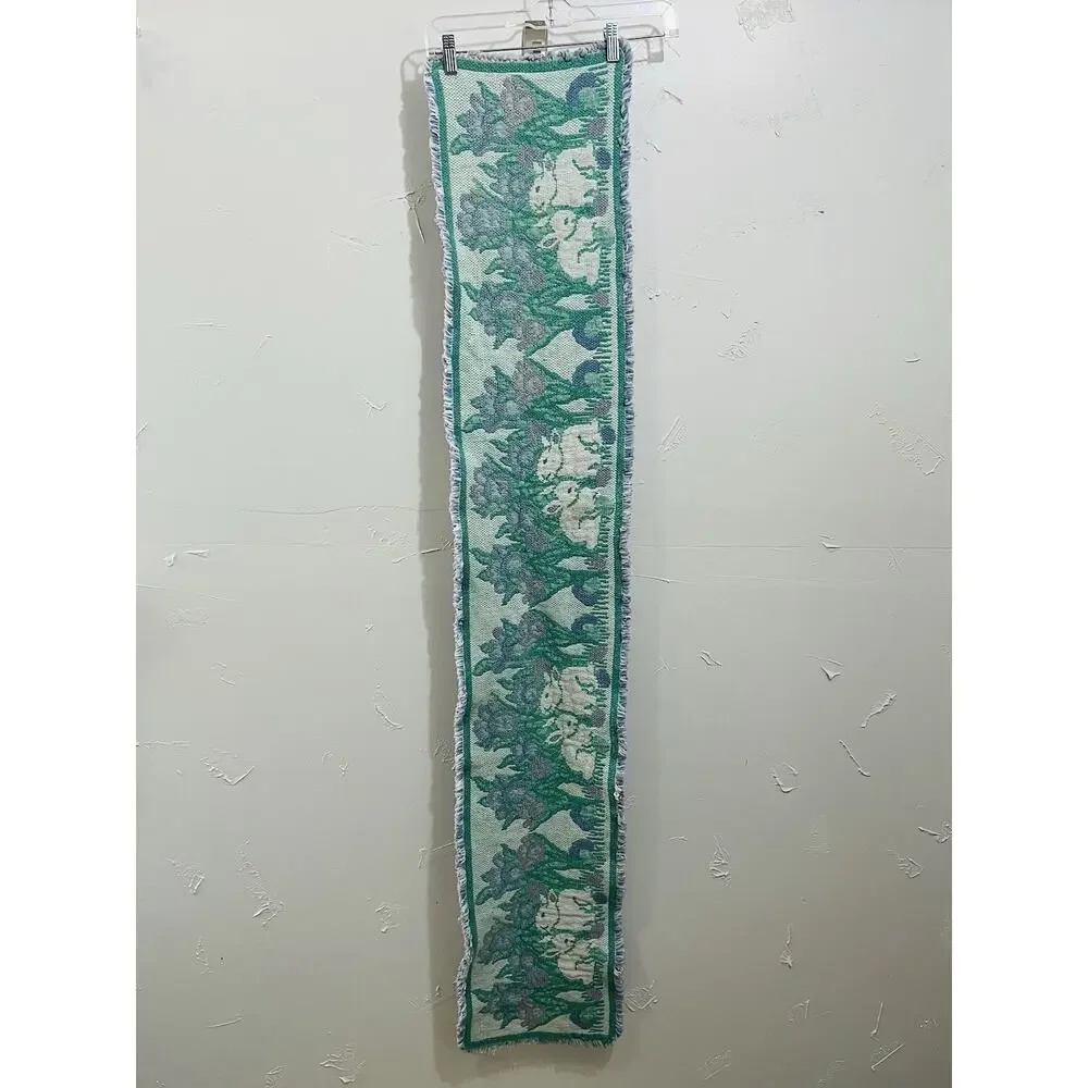 Bunnies Tulips Tapestry Folk Art Table Runner Easter Woven Spring Purple Green P